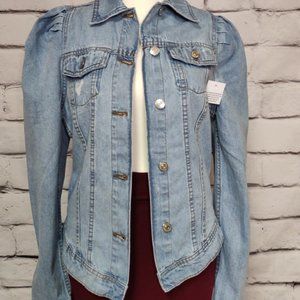 Blue Distressed Puff Sleeve Denim Jacket